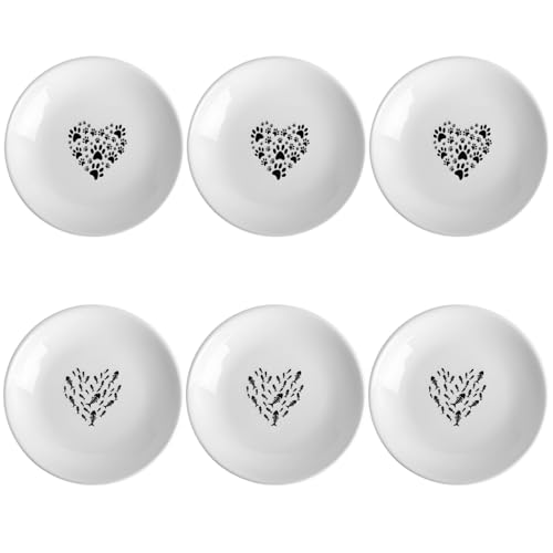 byepica Katzennäpfe aus Keramik, herzförmig, 6 Stück, Schnurrhaarfreundlich, flaches Design, leicht zu reinigen, mikrowellengeeignet, zwei Designs von byepica