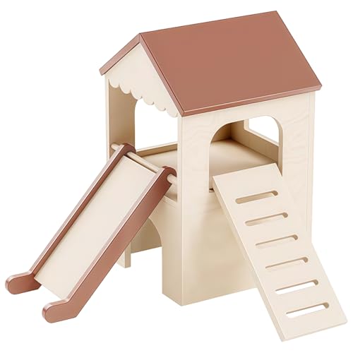 byepica Kleintierversteck mit doppelstöckigem Design, Doppelrutschen, Meerschweinchen-Loft-Haus aus Holz mit verstellbarer Rampe und Hängematte, geräumig und leicht zu pflegen von byepica