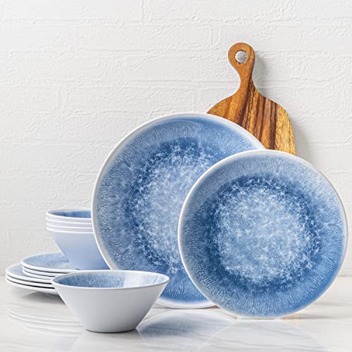 Bzyoo 12-teiliges Melamin-Geschirr-Set – langlebig, spülmaschinenfest, Teller und Schüsseln – lässiges Essen, Partys, blaues Geschirr-Set Reactive Blue Collection von bzyoo