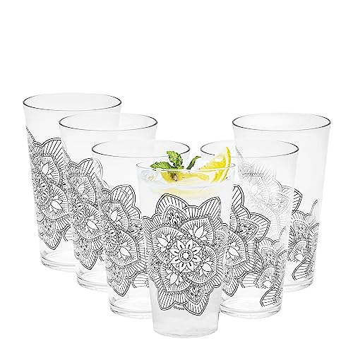 bzyoo Trinkglas-Set, Kunststoff, BPA-frei, langlebig und stapelbar, ideal für Partys, Feiertage, Jubiläen, 6 Stück, Mandala-Schwarz von bzyoo