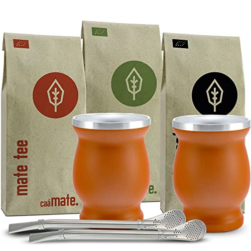 Mate Tee Set Bio ● 3 Matesorten + 2 doppelwandige Edelstahl Matebecher + 2 Bombillas + Zubereitungsanleitung (rot) von caámate.
