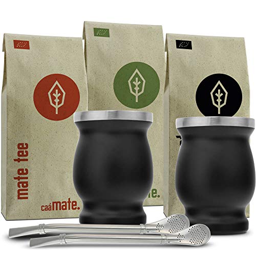 Mate Tee Set Bio ● 3 Matesorten + 2 doppelwandige Edelstahl Matebecher + 2 Bombillas + Zubereitungsanleitung (schwarz) von caámate.