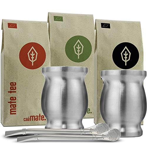 Mate Tee Set Bio ● 3 Matesorten + 2 doppelwandige Edelstahl Matebecher + 2 Bombillas + Zubereitungsanleitung (silber) von caámate.