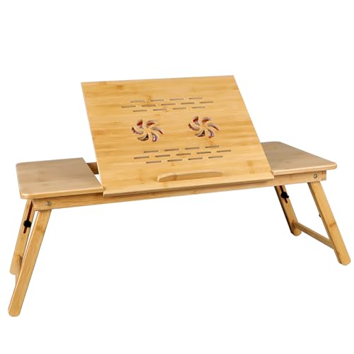 cadciehe Verstellbarer Klapptisch mit Ventilator und Schublade, tragbarer Laptop-Schreibtisch, Bambus-TV-Tablett und Stehpult für Zuhause, Büro, Reisen, Betttablett zum Essen, Arbeiten und Lesen, L von cadciehe