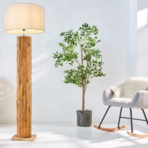 cagü: Unikat Stehlampe SABAH Grau Rund Leinenschirm aus Teak-Treibholz handgefertigt 160cm Höhe von cagü