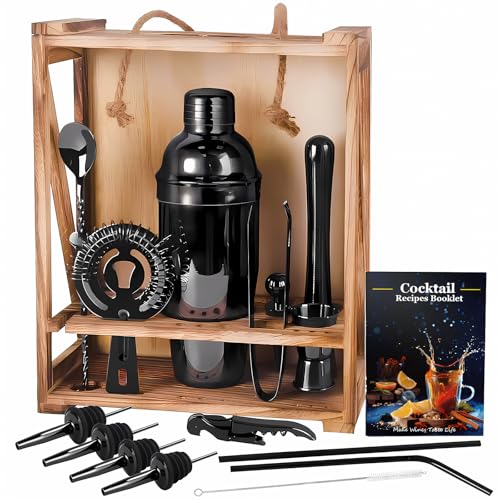 Cocktail Shaker Set Bar Werkzeug Set mit Bambusholzständer,perfektes Bartending-Set,Cocktail Mix Set für Barkeeper,Cocktail-Geschenksets für Männer und Frauen (black002) von cailion
