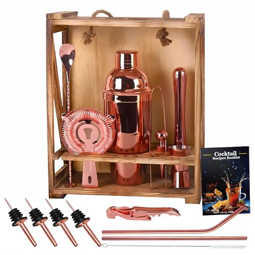 Cocktail Shaker Set Bar Werkzeug Set mit Bambusholzständer，perfektes Bartending-Set，Cocktail Mix Set für Barkeeper，Cocktail-Geschenksets für Männer und Frauen (rosegold001) von cailion