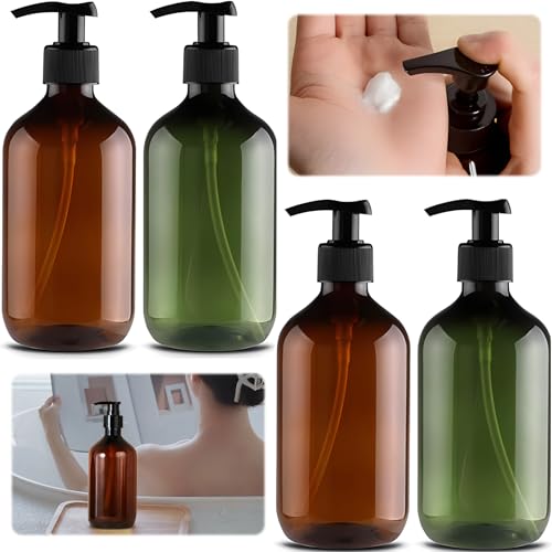 Pumpspender Flasche, 4 Stück 300ml Seifenspender Lotionspender Leer Flasche mit Schwarz Lotion Pumpe Spender Ideal für Küche Bad(Braun, Schwarzgrün) von cailiya