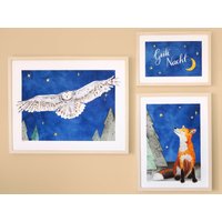 Gute Nacht Waldtiere Aquarellbilderset Fürs Kinderzimmer Mit Friedlichem Fuchs, Schneeeule Und Mond von calistographie