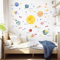 Weltraum Aquarell-Wandaufkleber Fürs Kinderzimmer, Variante Mit Planetengesichtern | Rückstandslos Wiederablösbar von calistographie