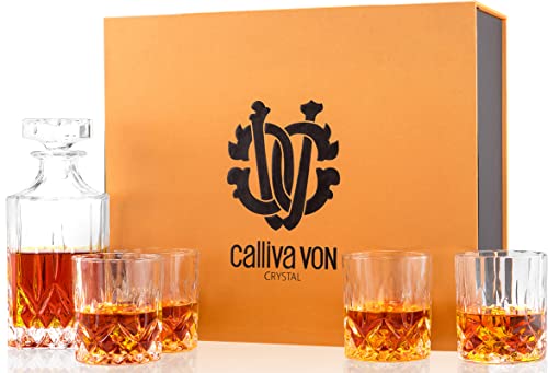 calliva von Whiskey Gläser und Karaffe Set, 750 ml Whisky Dekanter mit 4 Bleifrei Kristall Gläser 300 ml für Scotch, Cognacg, Cocktail, Margarita, Martini, Prächtige Geschenkbox, 5-teiliges von calliva von