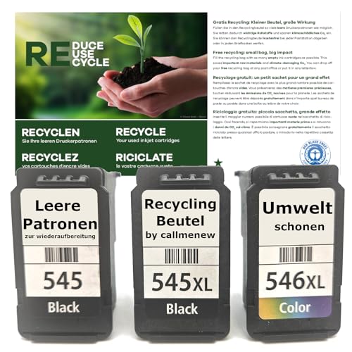 Umweltfreundlicher Recyclingbeutel zur Wiederverwertung Wiederaufbereitung von Canon Druckerpatronen 545 546 PG545 CL546 XL Druckermodelle Pixma iP2800 iP2850 MX495 TS3150 TS3350 TR4550 TR4551 von callmenew