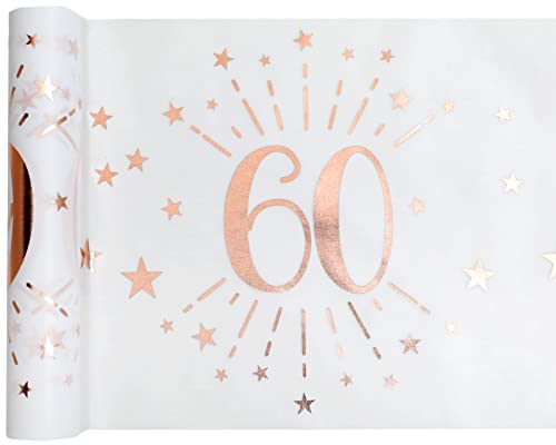 cama24com Tischläufer Vlies Weiß Zahl 60 Rosegold Geburtstag 5 m x 30 cm Tischvlies Tischdekoration mit Palandi® Sticker von cama24com