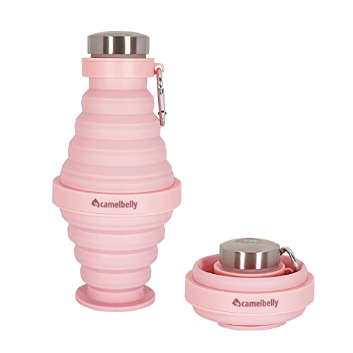 Faltbare Trinkflasche mit Edelstahl Deckel aus lebensmittelechtem Silikon 650 ml - Spülmaschinenfest - kleines Packmaß ideal für Fitness, Sport, Fahrrad, Wandern und Outdoor - mit Karabiner (Pink)) von camelbelly