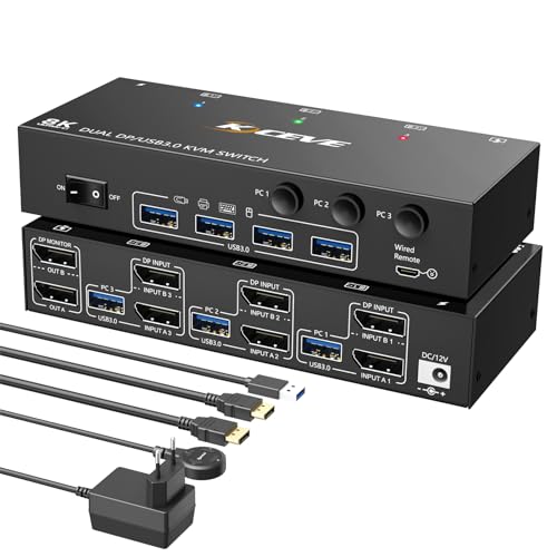 8K KVM Switch 3 PC 2 Monitore Displayport, Camgeet 4K@144Hz Dual Monitor DP KVM Umschalter, USB 3.0 KVM Switcher mit 4 USB Anschlüssen für USB Geräte, Unterstützung von Extended & Duplicate Mode von camgeet