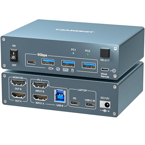 Camgeet KVM Switch 2 PC 2 Monitore USB C, 4K@60Hz Dual Monitor KVM Switch USB C HDMI für Laptop & Desktop, mit 4 USB3.0 Ports, 80W PD Laptop Charge, hdmi kvm switches usb c with Wired Remote Control von camgeet