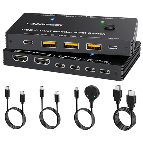Camgeet USB C KVM Switch 2 PC 2 Monitors, 4K@60Hz MST HDMI Dual Monitor KVM Switch für 2 Laptops teilen sich zwei Monitore und 10 Gbps 4 USB 3.1 Hub, 80 W PD Aufladung, USB C Switch mit Wired Remote von camgeet