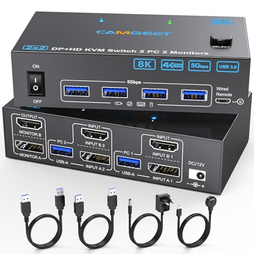 Displayport HDMI KVM Switch 2 PC 2 Monitore 4K@144Hz, Camgeet USB3.0 Dual Monitor KVM Switches für 2 computer teilen sich 2 monitore und 4 USB3.0 Geräte. Mit Desktop Controller, DC12V Adapter Displayport HDMI KVM Switch 2 PC 2 Monitore 4K@144Hz, Camgeet USB3.0 Dual Monitor KVM Switches für 2 computer teilen sich 2 monitore und 4 USB3.0 Geräte. Mit Desktop Controller, DC12V Adapter von camgeet