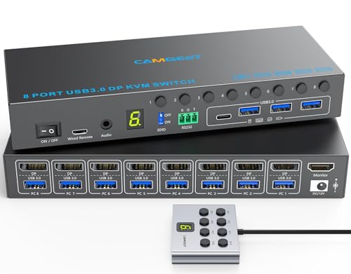 KVM-Switch mit 8 Ports, 4K @ 60 Hz, EDID-Simulation, USB 3.0 KVM-Switch, Displayport für 8 Computer, teilen Sie 1 Monitor und 4 USB-Geräte, KVM-Switches mit Audio RS232 Wied Remote 12 V Strom und von camgeet
