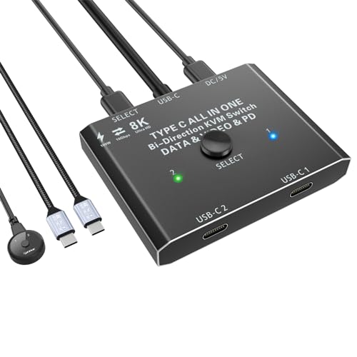 USB C Switch, Bidirektionaler Type C Switcher für 2 PCs, 2 in 1 out oder 1 in 2 out USB Switch 8K@60Hz 4K@120Hz Video/10Gbps Datenübertragung/100W Aufladen, mit Wired Remote und Type C cable USB C Switch, Bidirektionaler Type C Switcher für 2 PCs, 2 in 1 out oder 1 in 2 out USB Switch 8K@60Hz 4K@120Hz Video/10Gbps Datenübertragung/100W Aufladen, mit Wired Remote und Type C cable von camgeet