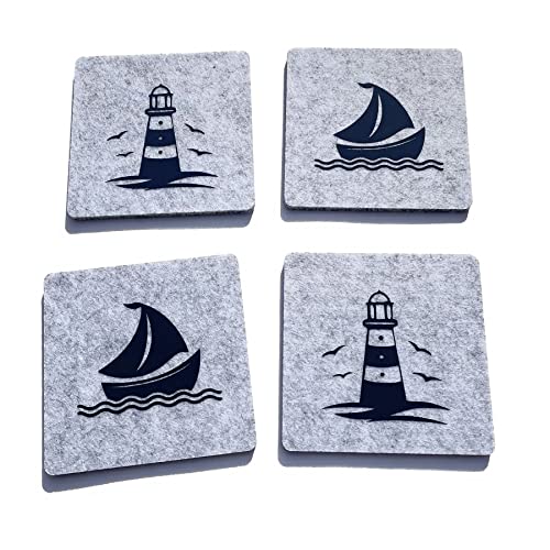 Filz Glasuntersetzer Maritim Meer Filzuntersetzer Tischuntersetzer Untersetzer 4er Set (2X Segelboot / 2X Leuchtturm) von camolo