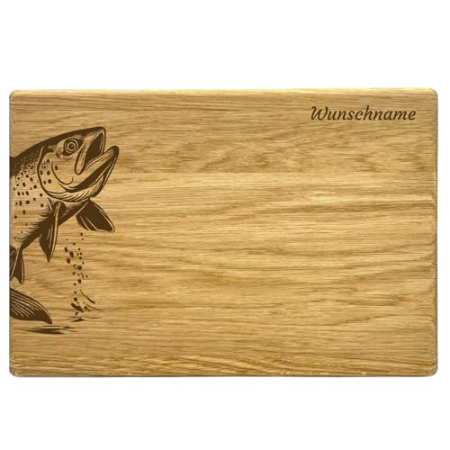 Frühstücksbrett Eiche Vesperbrett Holzbrett Camping Frühstück Geschenk Jausenbrett Brotzeitbrett 30 x 20 cm (Fisch Wunschname) von camolo