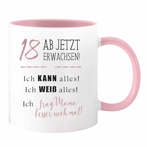 Tasse mit Spruch 18 ab jetzt erwachsen - Kaffeetasse als lustiges Geschenk zum 18. Geburtstag für Sohn oder Tochter (Altrosa) von camolo