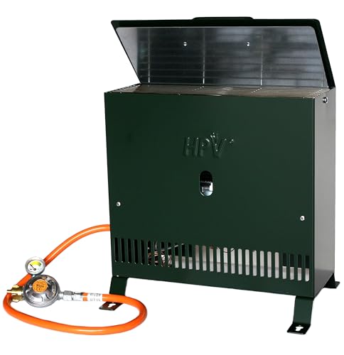 Gewächshausheizung 4kW mit Thermostat und Piezozündung für Wandmontage oder im Stand montierbar Gasheizer inkl. Schlauch HPV made in Germany Frostwächter (Mit Druckminderer (Außenbereich)) von campcooga