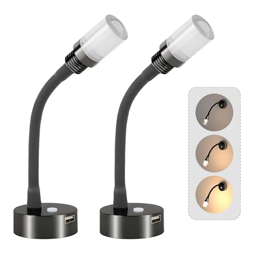 CamperXlite 2er Pack 2W Leselampe DC12V Wohnmobil Flexible Schwanenhals Dimmbar Leselampe Wandmontage mit 18W USB Schnellladegerät LED Leseleuchte für Boot Wohnwagen Van Yacht 3200K von camperxlite