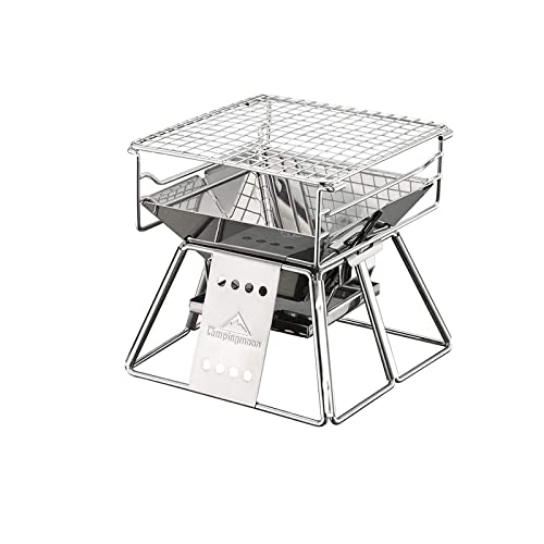 Campingmoon Tragbarer Camping-Feuerstelle, Lagerfeuer-Grill, klappbarer Edelstahl-Grill für Outdoor, Camping, Reisen, Garten, Kochen, Picknick, 1–2 Personen, mit Tragetasche von camping moon