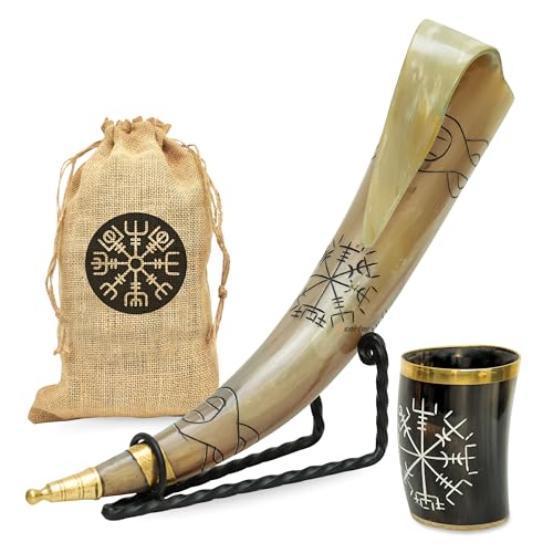 Wikinger-Trinkhörner, 2er-Set, mit Ständer und Geschenkbeutel, handgefertigt, Ochsenhorn-Tassen mit Vegvisir-Rune, graviert, Mead & Ale Bierkrug, nordische Mythologie, inspiriert, mittelalterliches von carfar