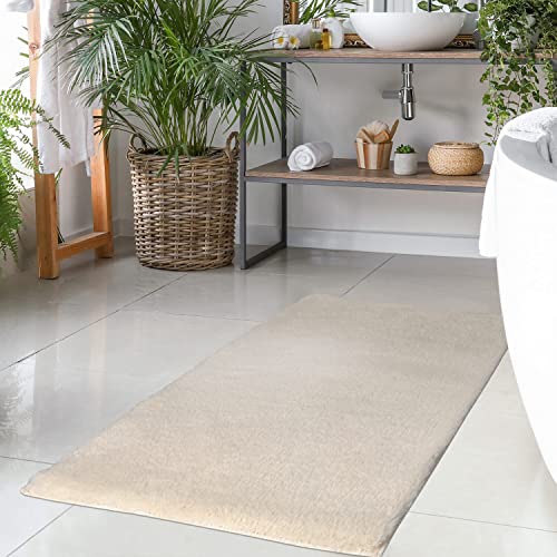 Badteppich Beige - 50x90 cm Einfarbig - Badematte rutschfest, waschbar, weich, saugfähig, schnelltrocknend - Badvorleger Hochflor Soft Touch Badezimmer von carpet city