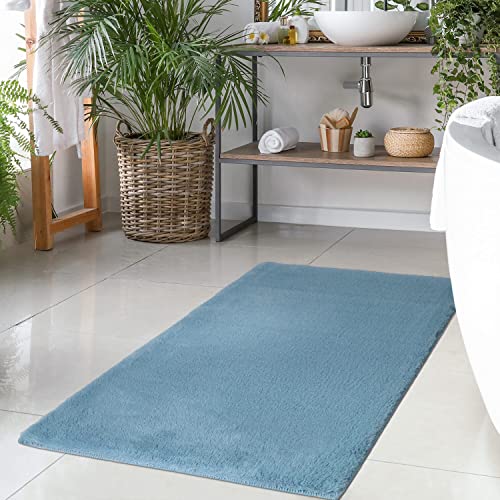 Badteppich Blau - 40x60 cm Einfarbig - Badematte rutschfest, waschbar, weich, saugfähig, schnelltrocknend - Badvorleger Hochflor Soft Touch Badezimmer von carpet city
