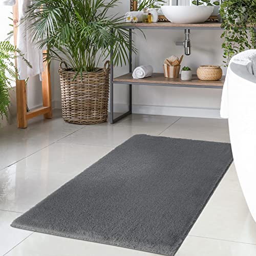 Badteppich Dunkelgrau - 40x60 cm Einfarbig - Badematte rutschfest, waschbar, weich, saugfähig, schnelltrocknend - Badvorleger Hochflor Soft Touch Badezimmer von carpet city