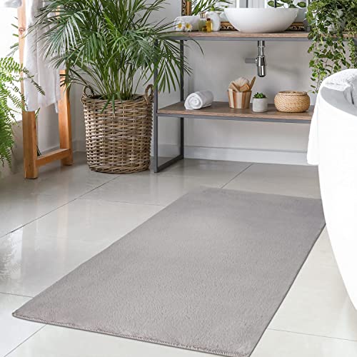 Badteppich Grau - 40x60 cm Einfarbig - Badematte rutschfest, waschbar, weich, saugfähig, schnelltrocknend - Badvorleger Hochflor Soft Touch Badezimmer von carpet city