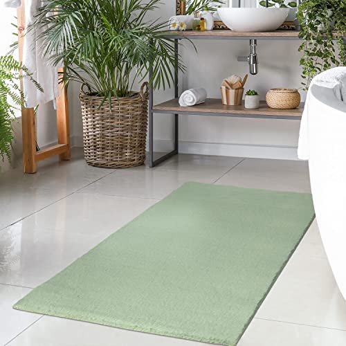 Badteppich Jade-Gr?n - 80x150 cm Einfarbig - Badematte rutschfest, waschbar, weich, saugfähig, schnelltrocknend - Badvorleger Hochflor Soft Touch Badezimmer von carpet city