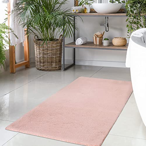 Badteppich Rosa - 50x90 cm Einfarbig - Badematte rutschfest, waschbar, weich, saugfähig, schnelltrocknend - Badvorleger Hochflor Soft Touch Badezimmer von carpet city