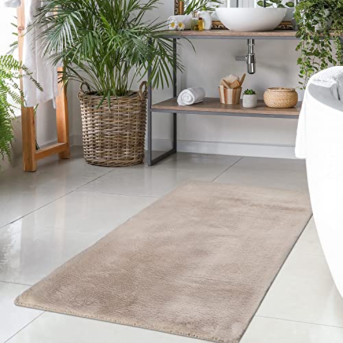 Badteppich Taupe - 120x170 cm Einfarbig - Badematte rutschfest, waschbar, weich, saugfähig, schnelltrocknend - Badvorleger Hochflor Soft Touch Badezimmer von carpet city