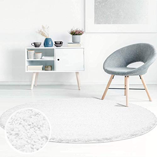 Hochflor Teppich Shaggy Einfarbig Weiß - 160x160 cm Rund - Flauschig & Weich - Wohnzimmerteppiche - Langflorteppich Schlafzimmer Uni Modern von carpet city