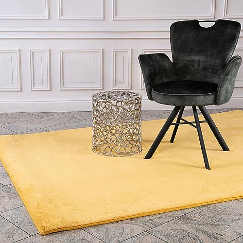 Hochflor Teppich Wohnzimmer - Einfarbig Gelb - 200x290 cm - Super Soft Polyester, Samtig-Flauschiger Flor - Fell-Teppiche für Schlafzimmer, Esszimmer, Arbeitszimmer von carpet city