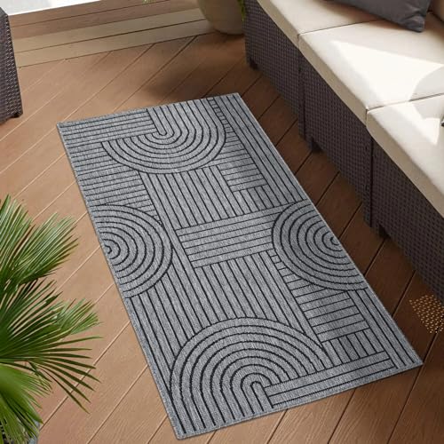 In- & Outdoor-Teppich Anthrazit, Grau - Wendeteppich - 80x150 cm - Geometrisches Muster - Wetterbeständig für Balkon, Terrasse - Läufer Modern Indoor Flur, Küche von carpet city