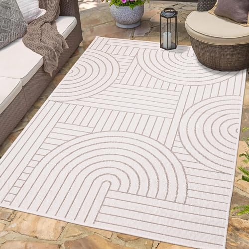 In- & Outdoor-Teppich Beige, Creme - Wendeteppich - 200x290 cm - Geometrisches Muster - Wetterbeständig für Balkon, Terrasse - Teppiche Modern Indoor Wohnzimmer, Küche von carpet city