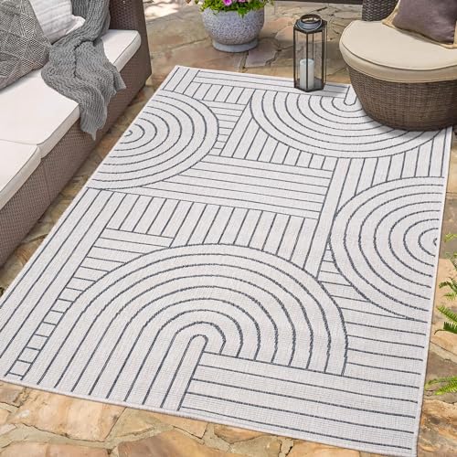 In- & Outdoor-Teppich Grau, Creme - Wendeteppich - 200x290 cm - Geometrisches Muster - Wetterbeständig für Balkon, Terrasse - Teppiche Modern Indoor Wohnzimmer, Küche von carpet city