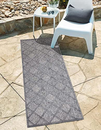 In-& Outdoor Teppich - Läufer 80x250 cm - für Innen-& Außenbereich - Wetterfest Balkon-Teppich, Terrasse, Flur, Küche - Wohnzimmer-Teppiche - Hochtief/ 3D-Effekt - Raute-Optik in Anthrazit von carpet city