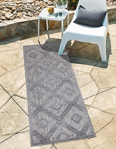In-& Outdoor Teppich - Läufer 80x250 cm - für Innen-& Außenbereich - Wetterfest Balkon-Teppich, Terrasse, Flur, Küche - Wohnzimmer-Teppiche - Hochtief/ 3D-Effekt - Rauten-Muster in Anthrazit von carpet city