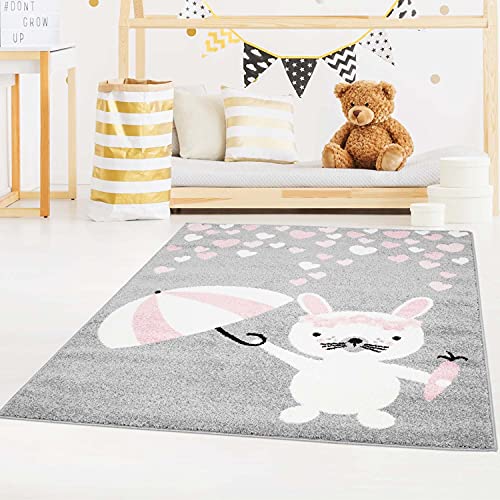 Kinderteppich Bubble Kids Flachflor mit niedlichen Hasen und Herzen in Grau, Rosa für Kinderzimmer Größe 140/200 cm von carpet city