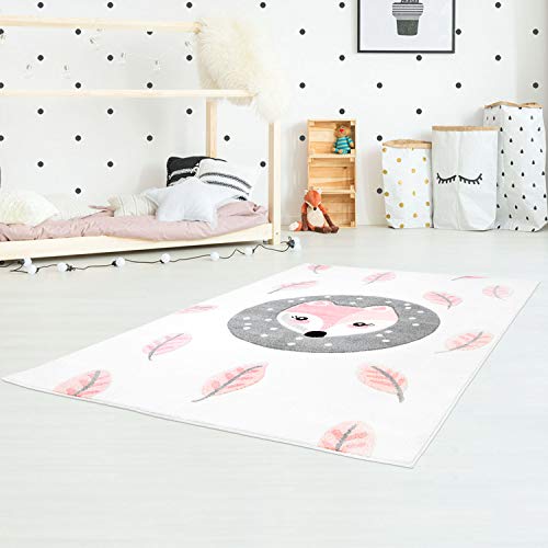 Kinderteppich Bueno Konturenschnitt mit Fuchs und Blättern in Creme, Rosa, Grau für Kinderzimmer; Größe: 140x200 cm von carpet city
