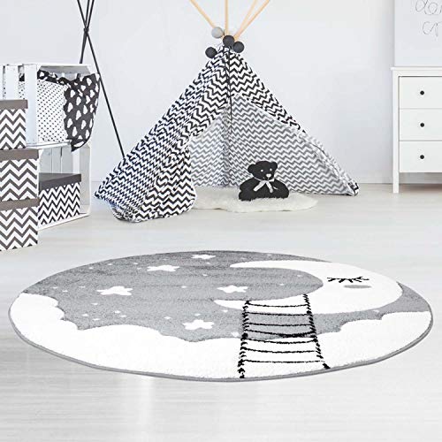 Kinderteppich Bueno Konturenschnitt mit Mond, Wolken, Sterne, in Grau Creme für Kinderzimmer; Größe: 160x160 cm Rund von carpet city