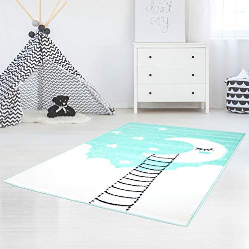 Kinderteppich Bueno Konturenschnitt mit Mond Wolken Sterne in Mint-Türkis Creme für Kinderzimmer; Größe: 120x170 cm von carpet city