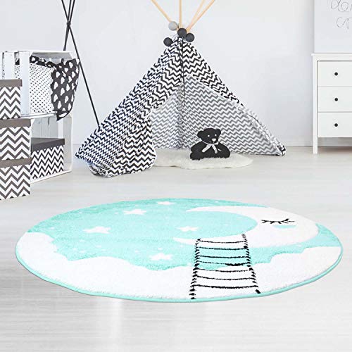 Kinderteppich Bueno Konturenschnitt mit Mond Wolken Sterne in Mint-Türkis Creme für Kinderzimmer; Größe: 160x160 cm Rund von carpet city